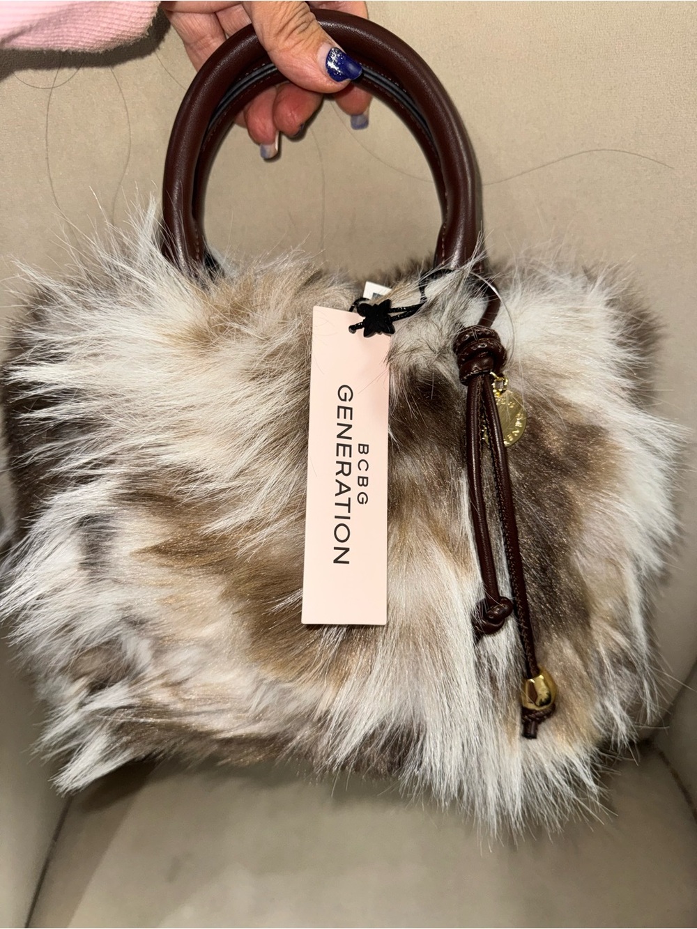 BCBGeneration Faux Fur Mini Top-Handle Bag in Brown and Cream